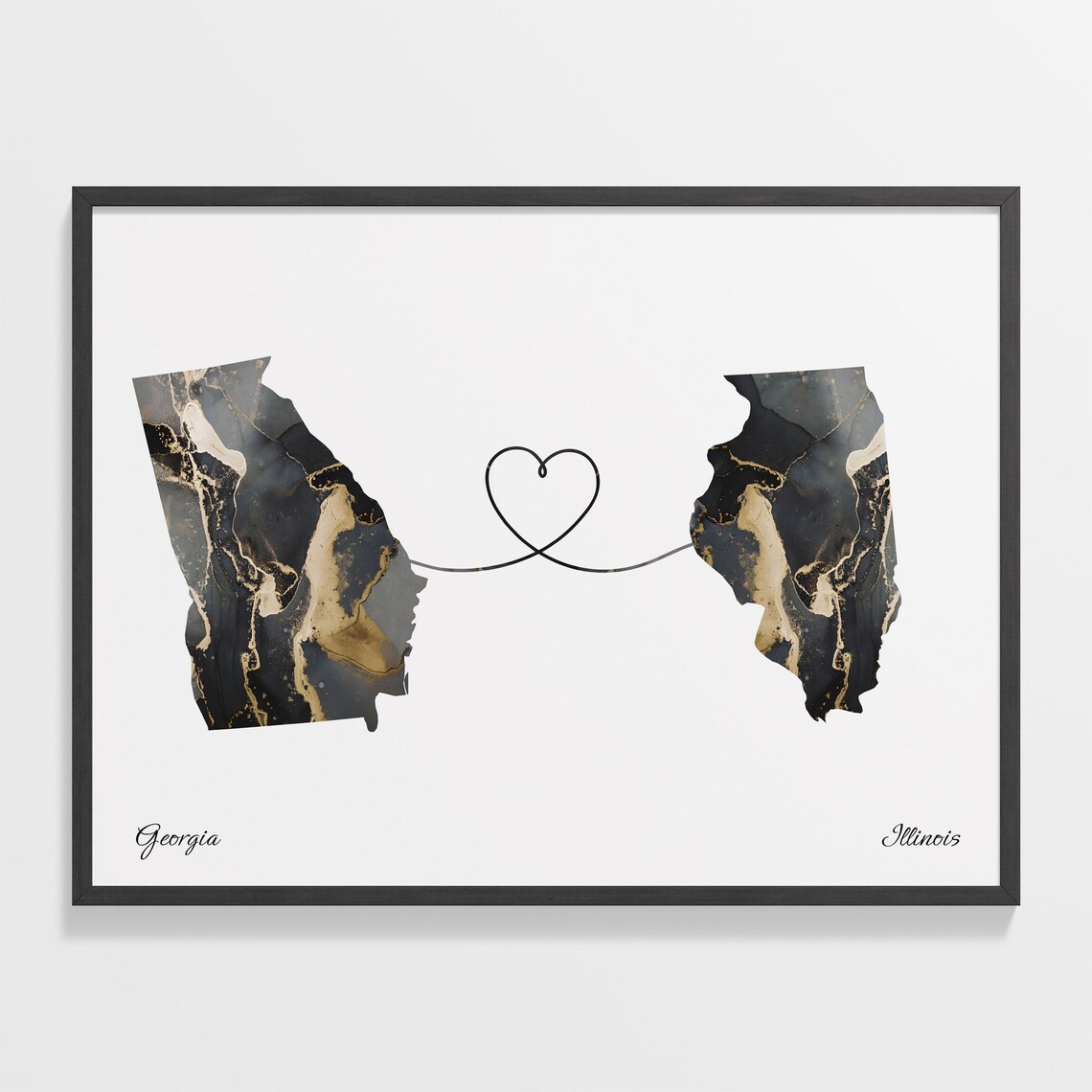 Georgia to Illinois Black Gold Marble Map Heart Connection Poster