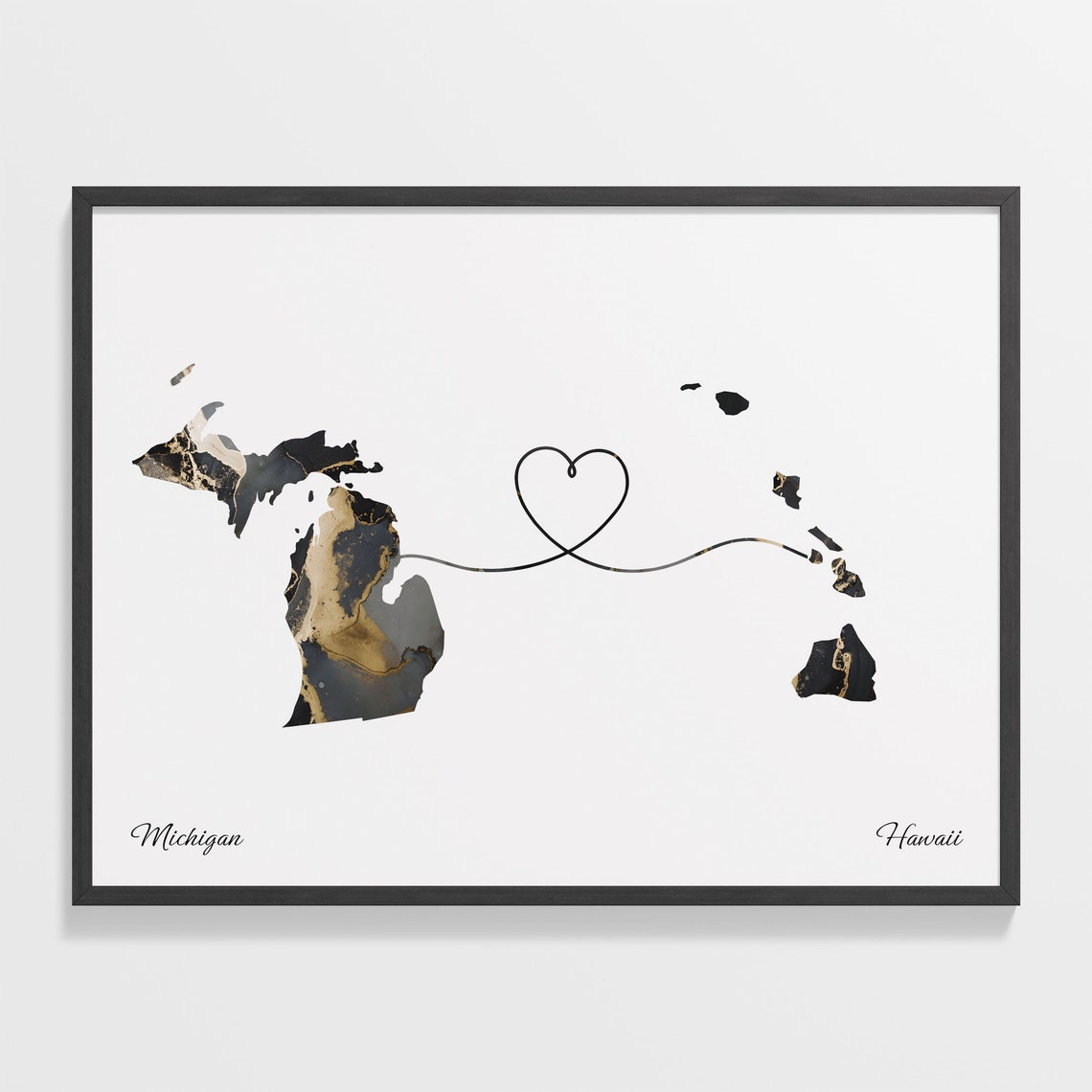 Michigan Hawaii Long Distance Black Gold Marble Heart Map Poster