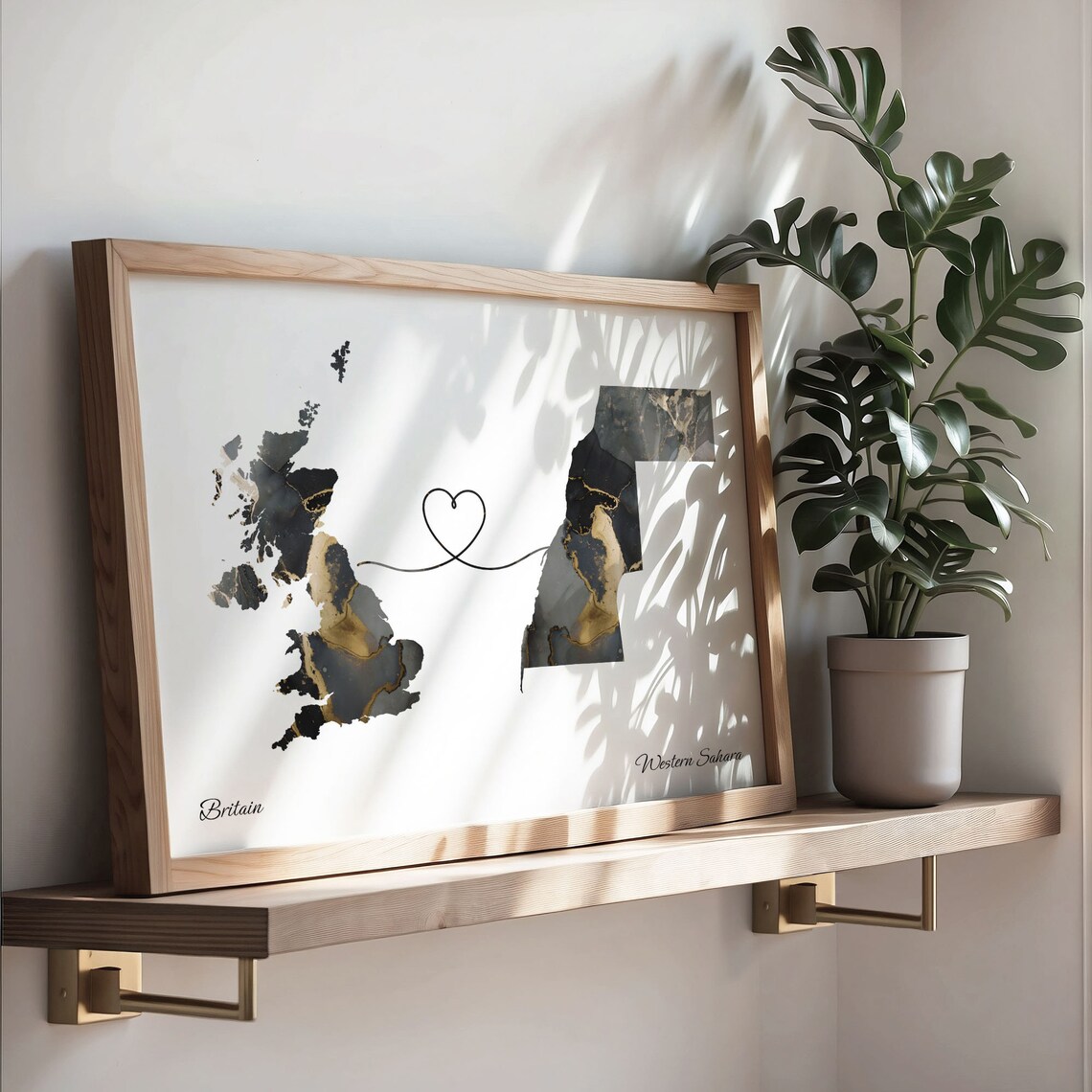 Britain and Western Sahara Heart Connection Black and Gold Marble Poster - Image 3