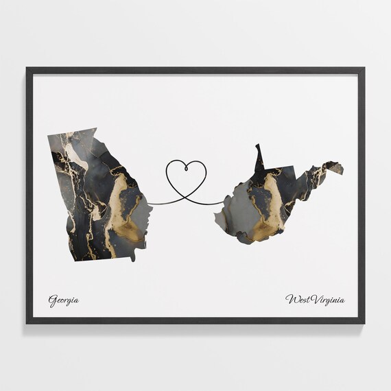 Georgia to West Virginia Black Marble State Map Long Distance Love Poster