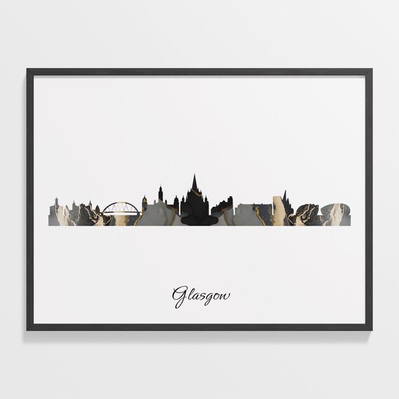 Glasgow Luxury Black Gold Marble City Skyline Silhouette Poster