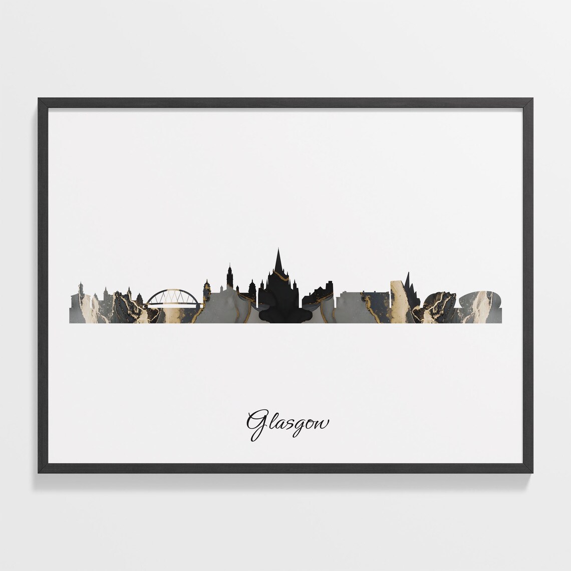 Glasgow Luxury Black Gold Marble City Skyline Silhouette Poster