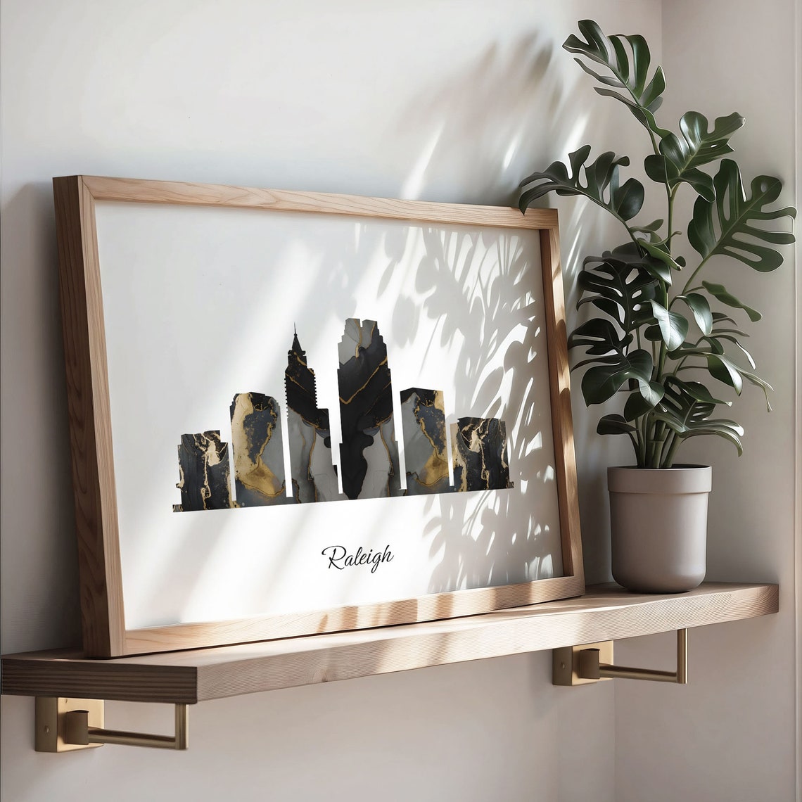 Raleigh USA Marble Skyline Black Gold Minimalist Cityscape Poster - Image 3