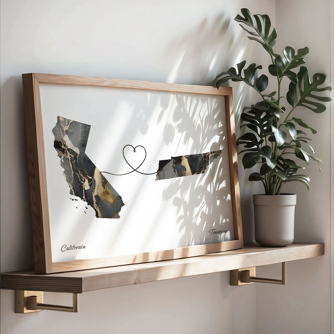 California and Tennessee Black Gold Marble Two State Love Map Poster - Image 3