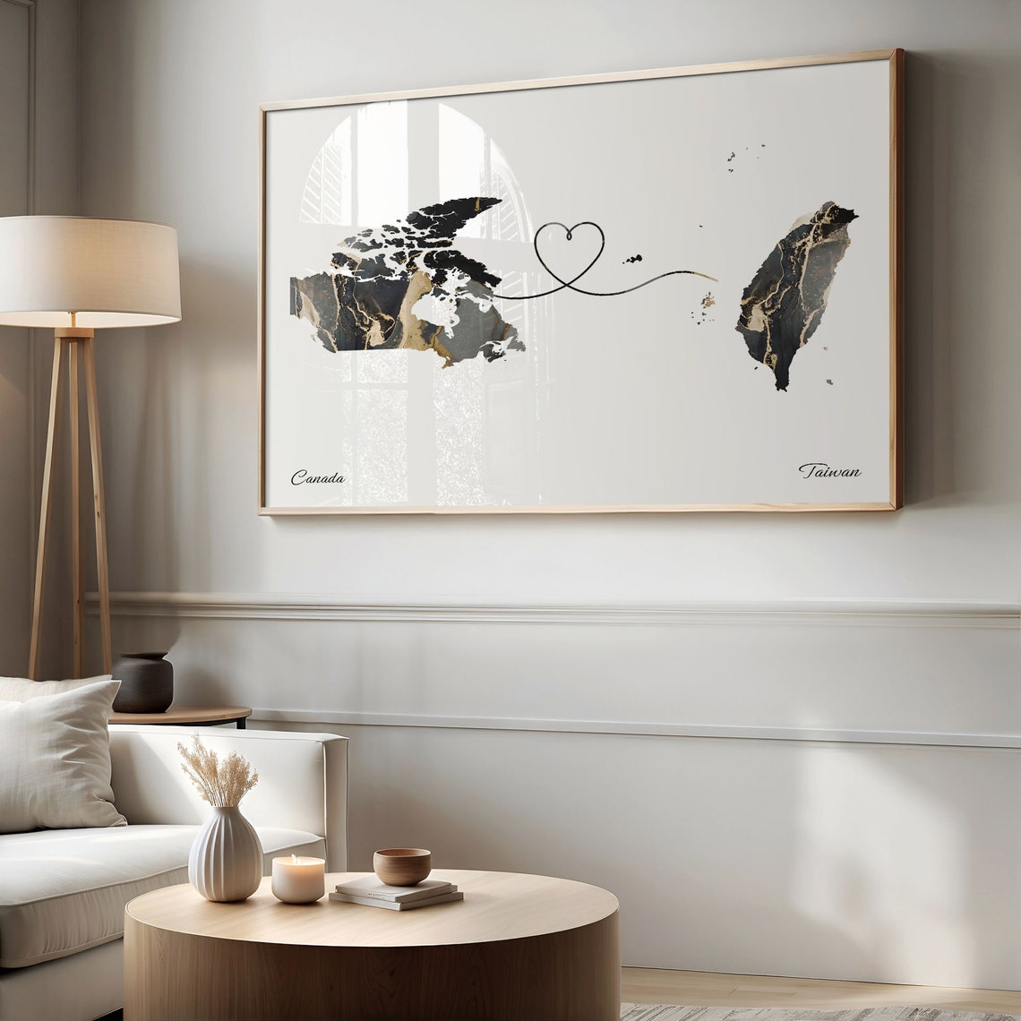 Canada To Taiwan Black Gold Marble Long Distance Heart Map Poster - Image 2