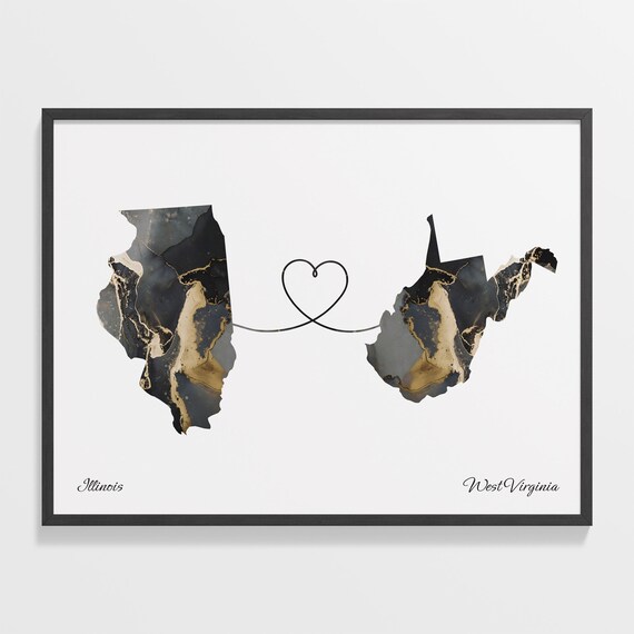 Illinois to West Virginia Black Gold Marble Map Heart Connection Poster