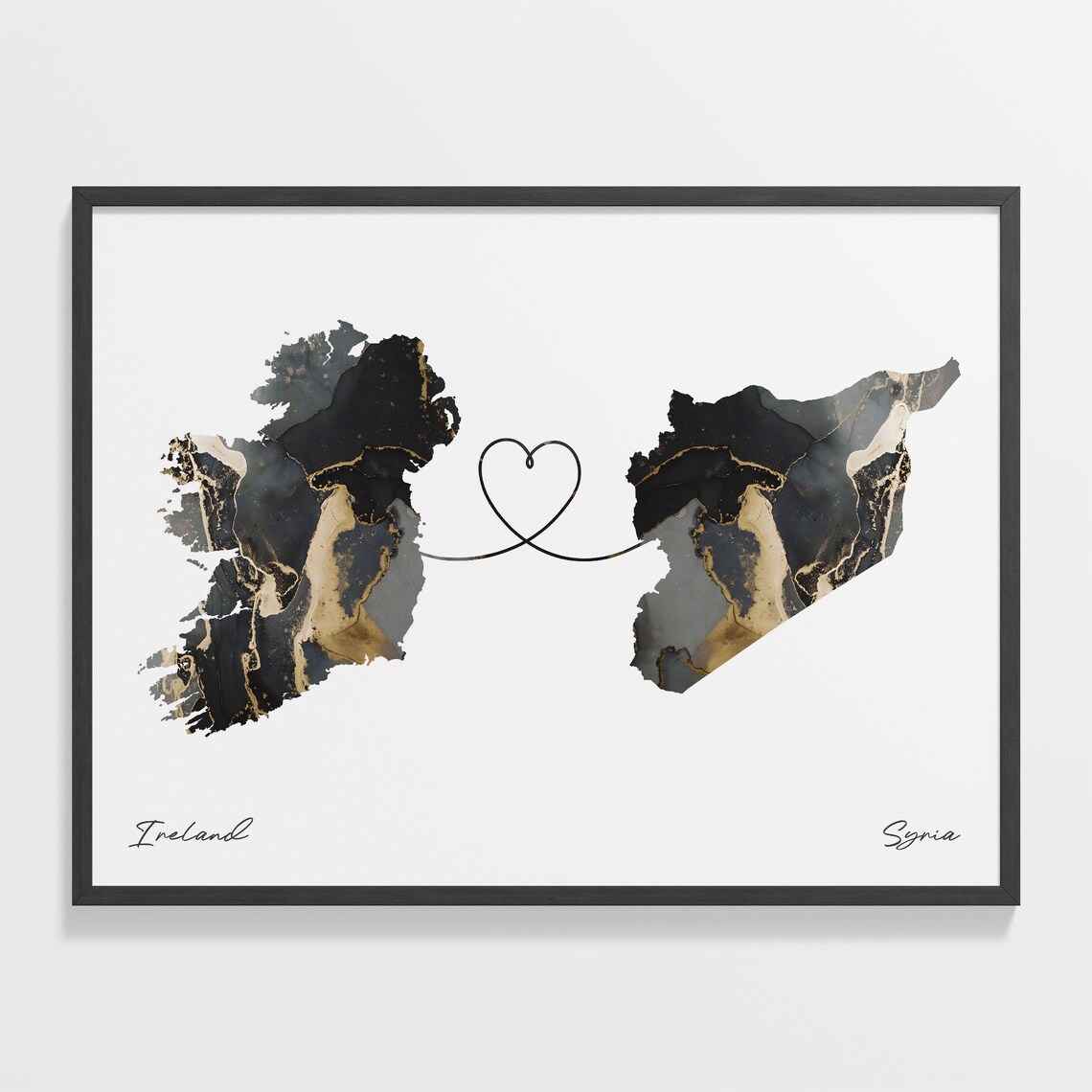 Ireland and Syria Black and Gold Marble Two Countries Map Poster