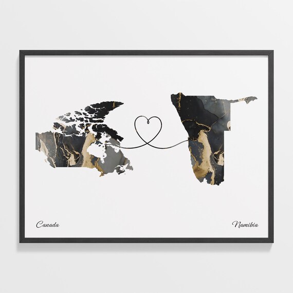 Canada Namibia Long Distance Love Black Marble Heart Map Poster