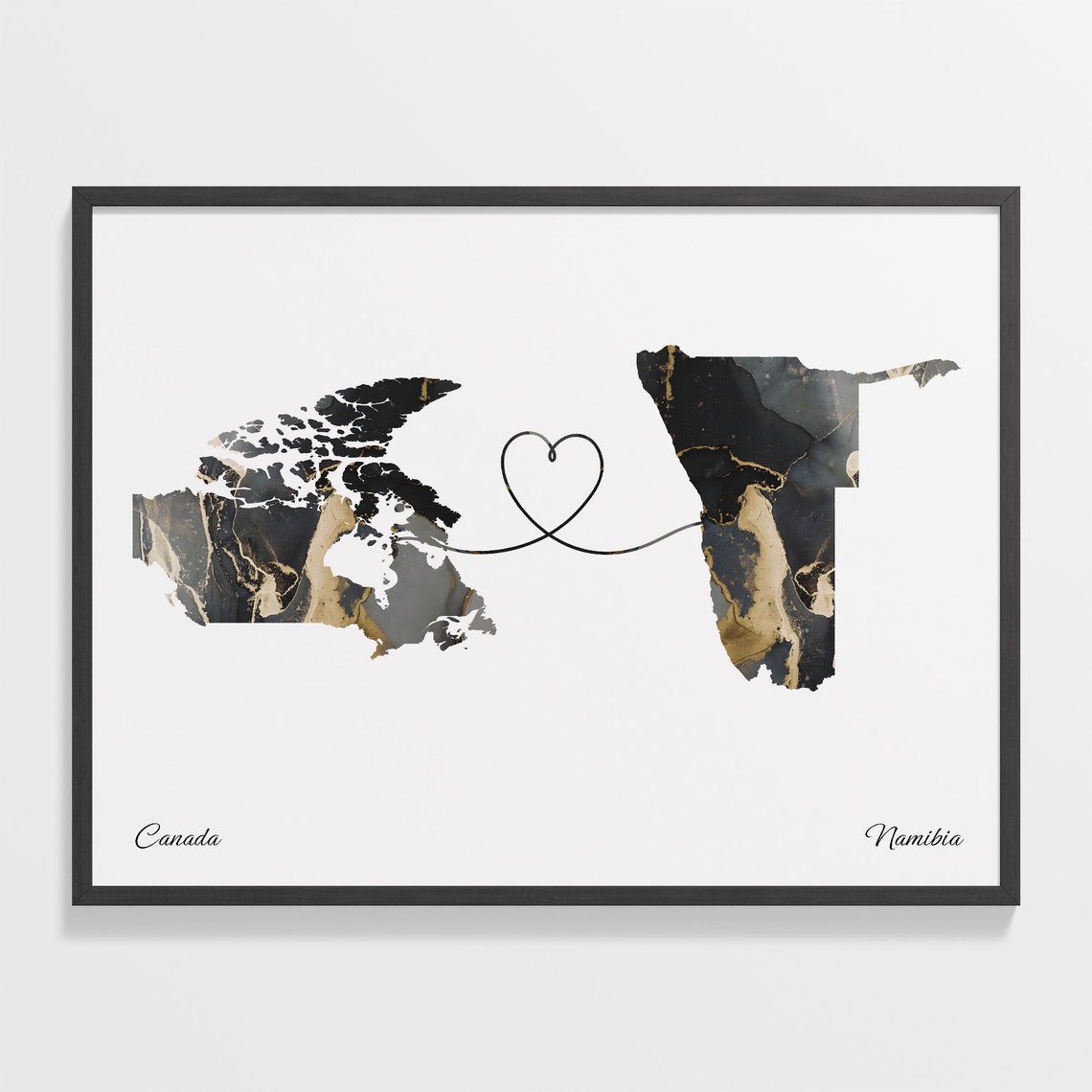 Canada Namibia Long Distance Love Black Marble Heart Map Poster