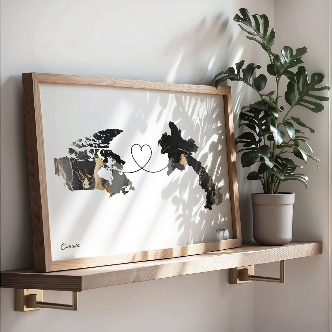 Canada to Laos Black Gold Marble Heart Connection Map Poster - Image 3