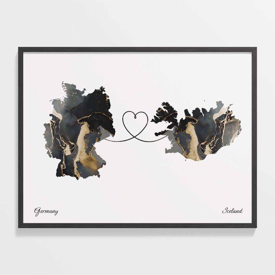 Germany and Iceland Marble Heart Connected Countries Map Poster