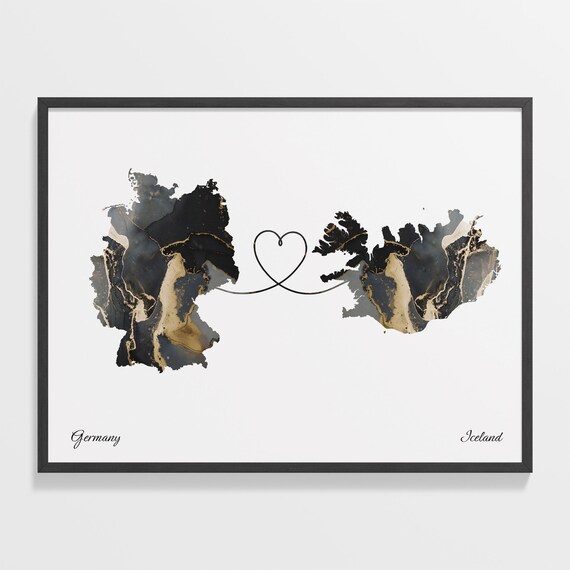 Germany and Iceland Marble Heart Connected Countries Map Poster