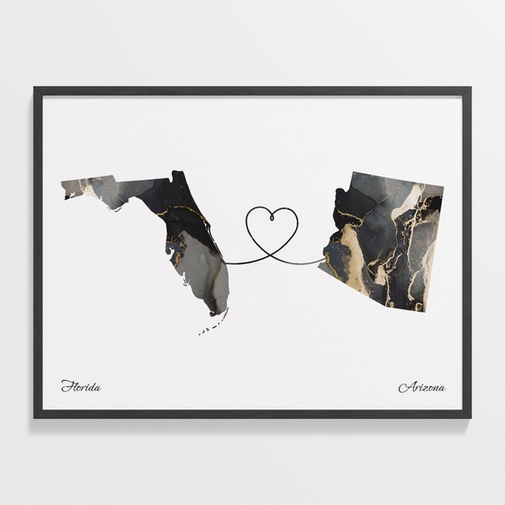 Florida to Arizona Map Travel Poster, Two States