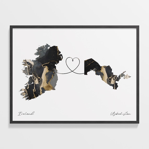 Ireland to Uzbekistan Black Gold Marble Map Heart Line Art Poster