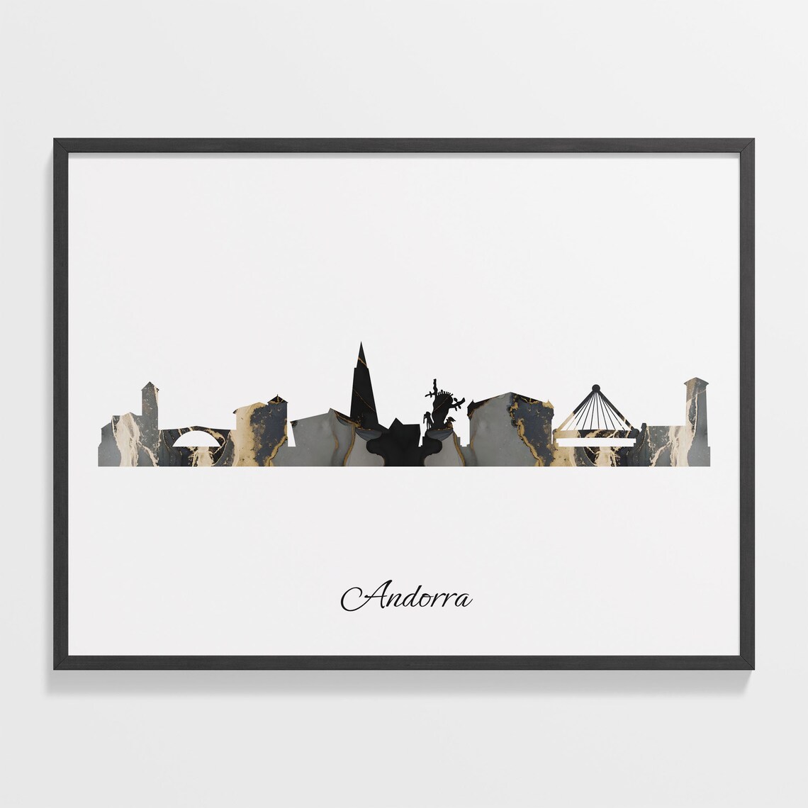 Andorra Skyline Marble Cityscape Black and Gold Travel Poster