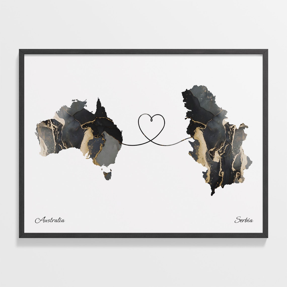 Australia Serbia Long Distance Love Heart Marble Map Gift Poster