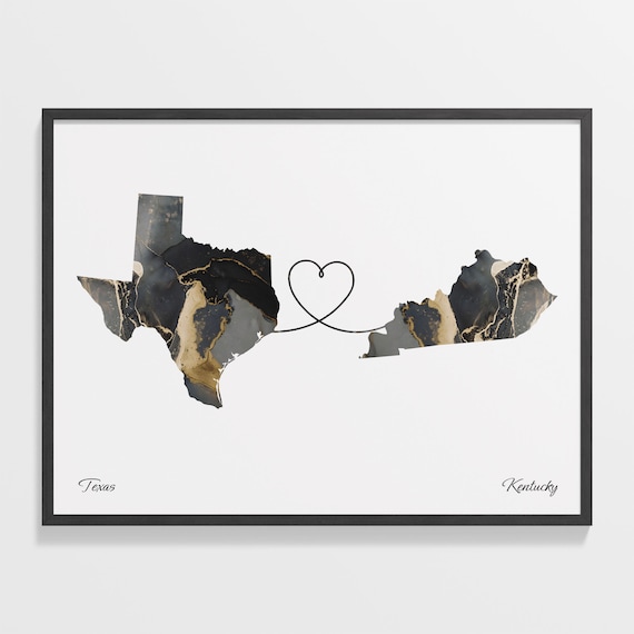 Texas Kentucky Long Distance Love Black Marble Heart Map Poster