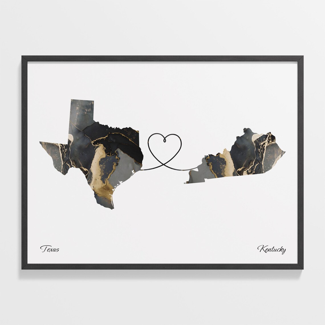 Texas Kentucky Long Distance Love Black Marble Heart Map Poster