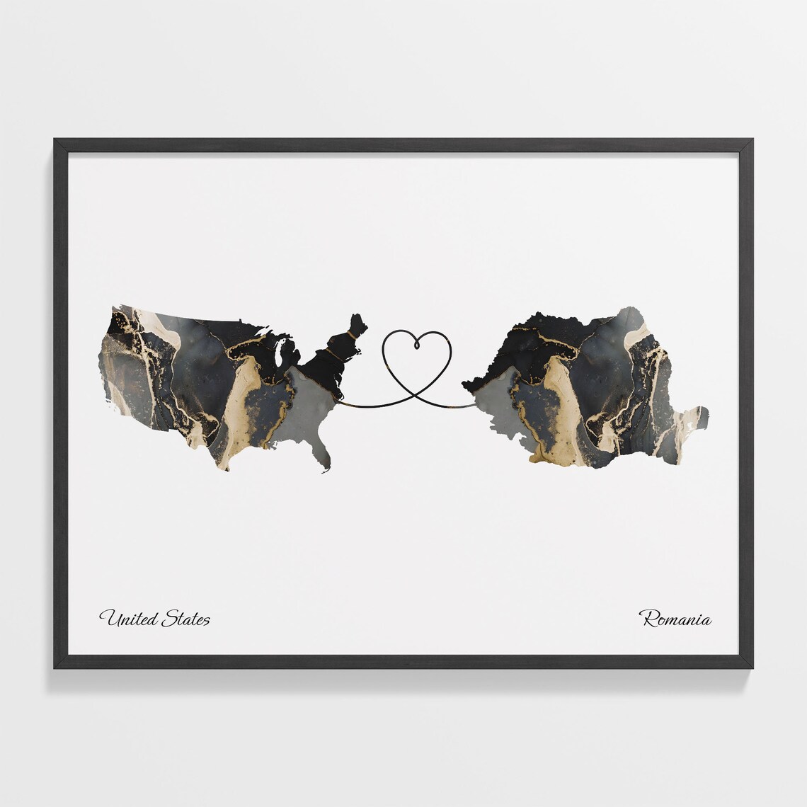 USA To Romania Map Poster, Travel Wall Print