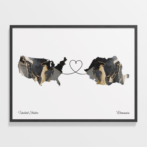USA To Romania Map Poster, Travel Wall Print