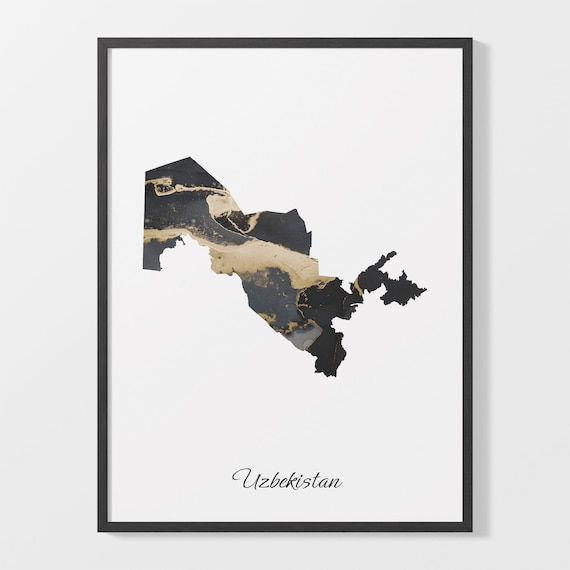 Uzbekistan Black and Gold Marble Silhouette Country Map Poster