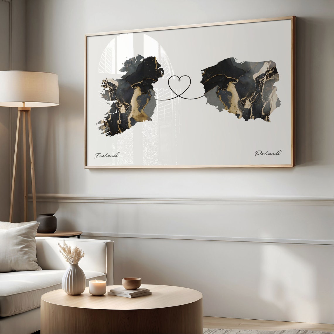 Ireland to Poland Black Gold Marble Map Heart Line Art Poster - Image 2