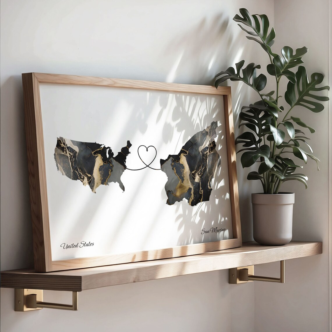 United States to San Marino Heart Connected Long Distance Marble Map Poster - Image 3
