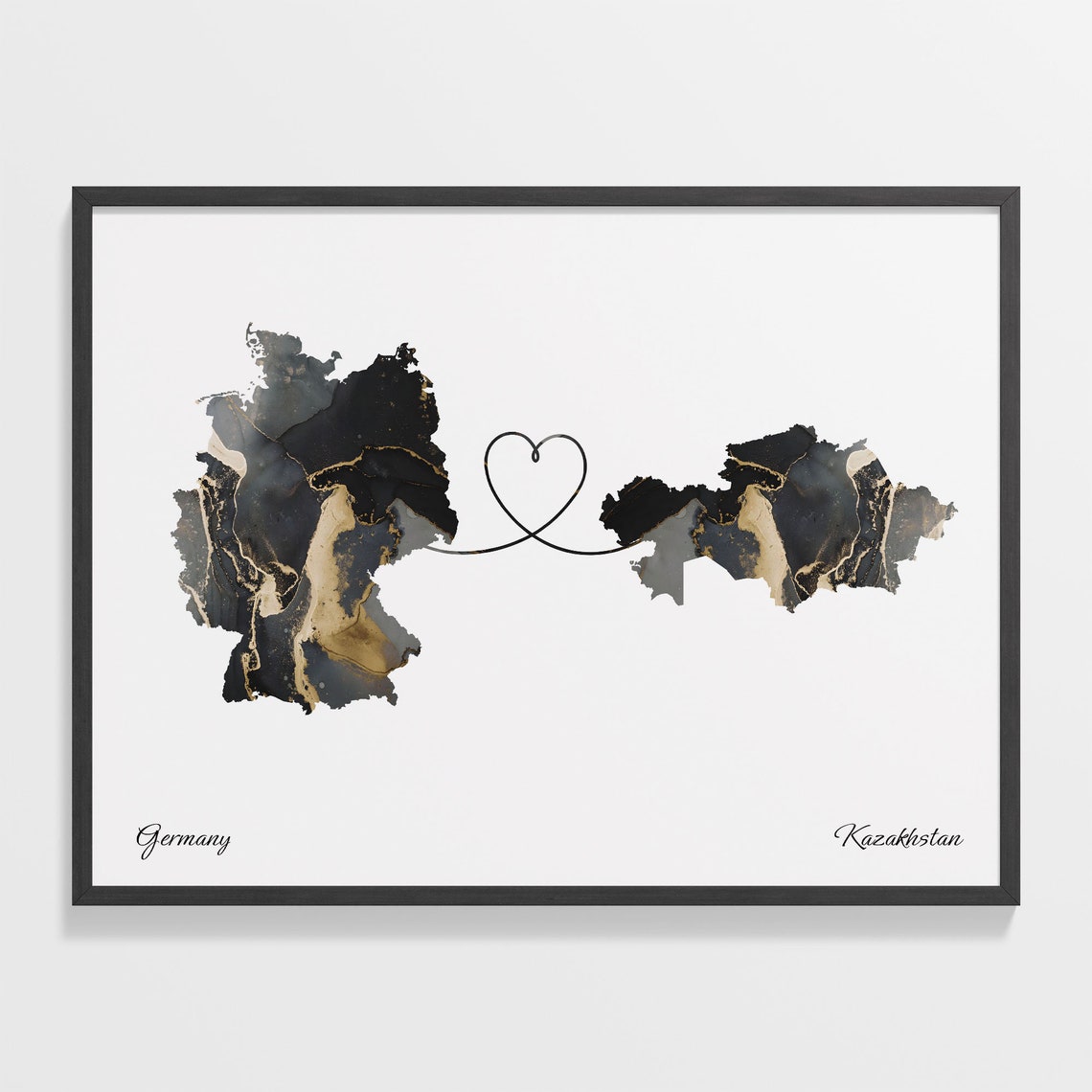 Germany Kazakhstan Black Gold Marble Map Art Heart Connection Poster