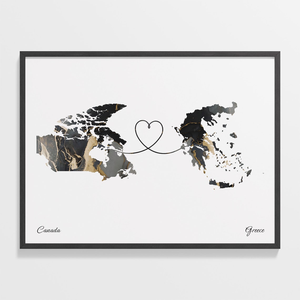 Canada to Greece Black Gold Marble Heart Connection Map Poster