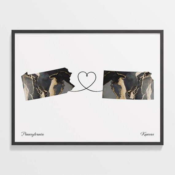 Pennsylvania Kansas Marble State Map Poster Heart Line Long Distance Gift