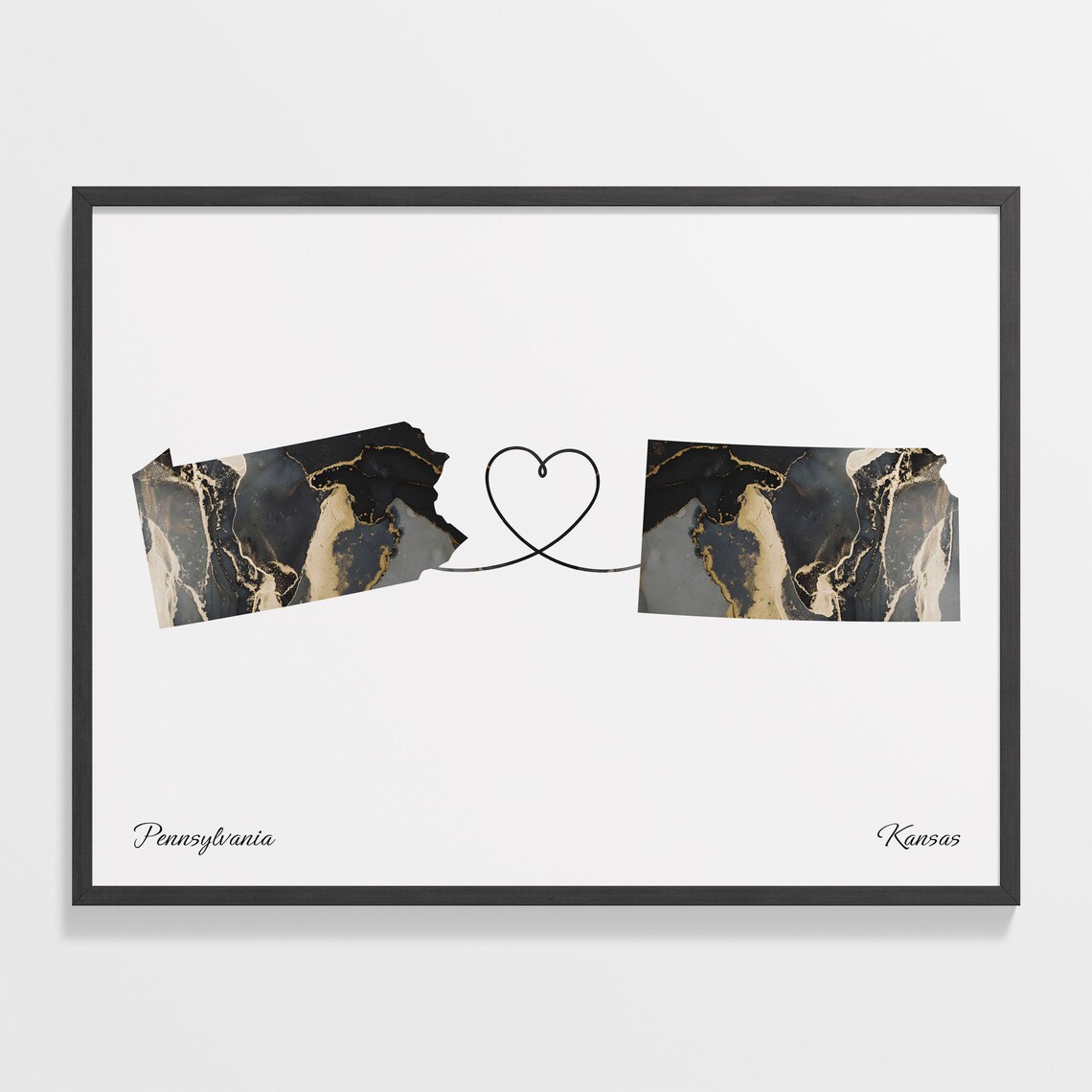 Pennsylvania Kansas Marble State Map Poster Heart Line Long Distance Gift