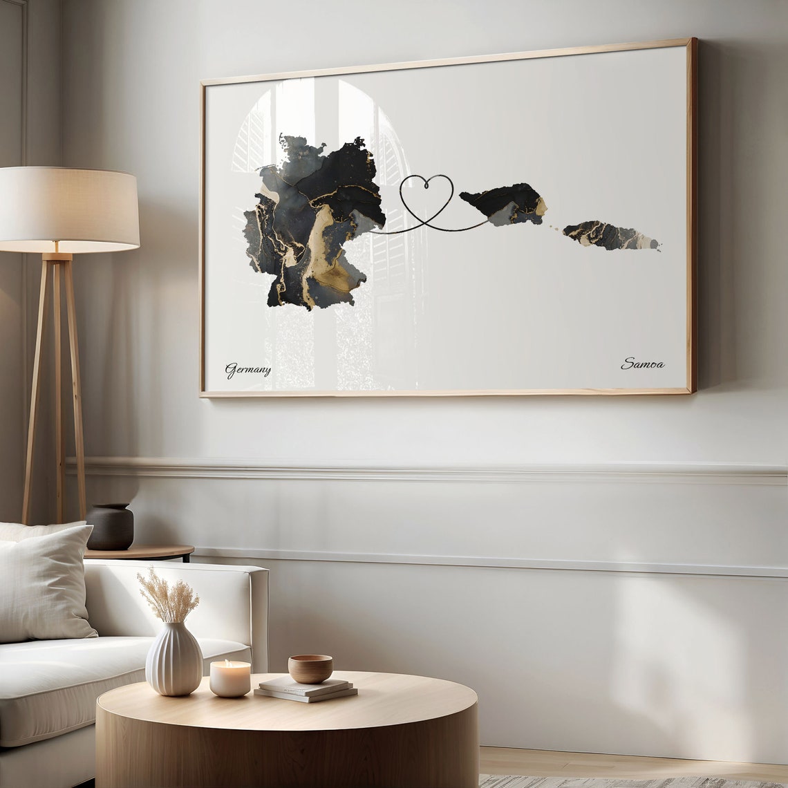 Germany to Samoa Black Gold Marble Heart Map Art Wall Poster - Image 2