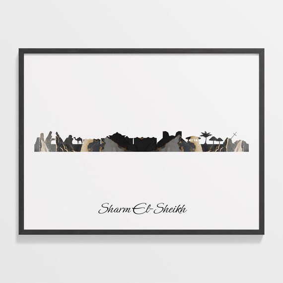 Sharm El Sheikh Egypt Black Gold Marble Skyline Silhouette City Print