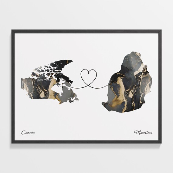 Canada To Mauritius Black Gold Marble Long Distance Heart Map Poster