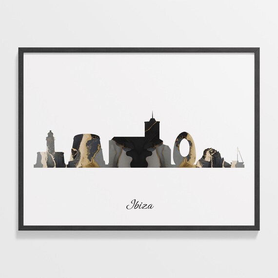 Marble Cityscape Ibiza Skyline Spain Black Gold Elegant Art Poster