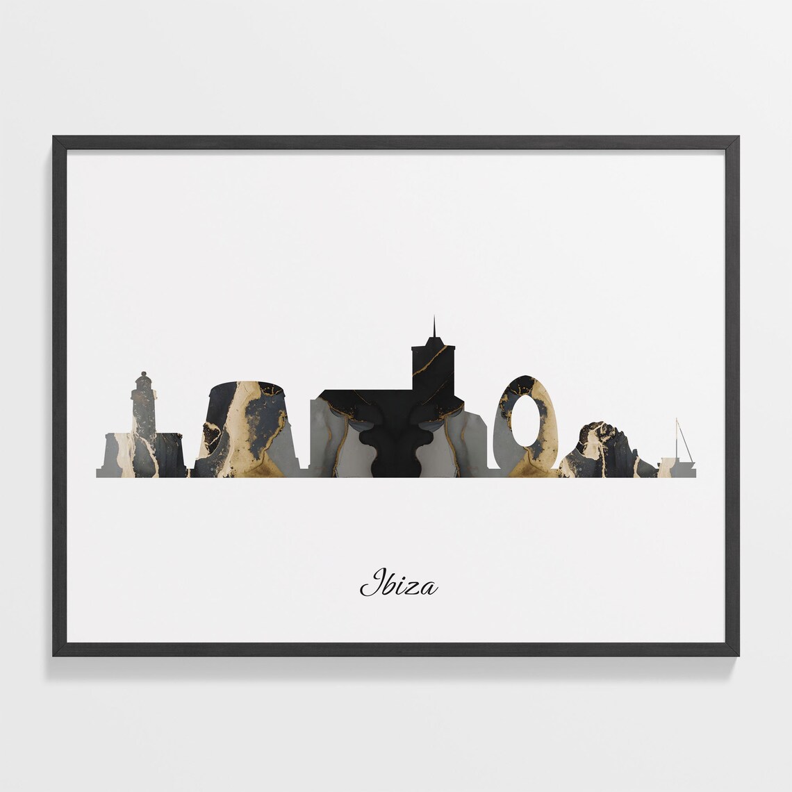 Marble Cityscape Ibiza Skyline Spain Black Gold Elegant Art Poster