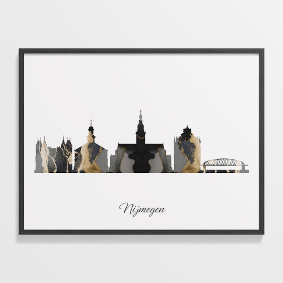 Nijmegen Netherlands Black Gold Marble Skyline Silhouette Cityscape Poster