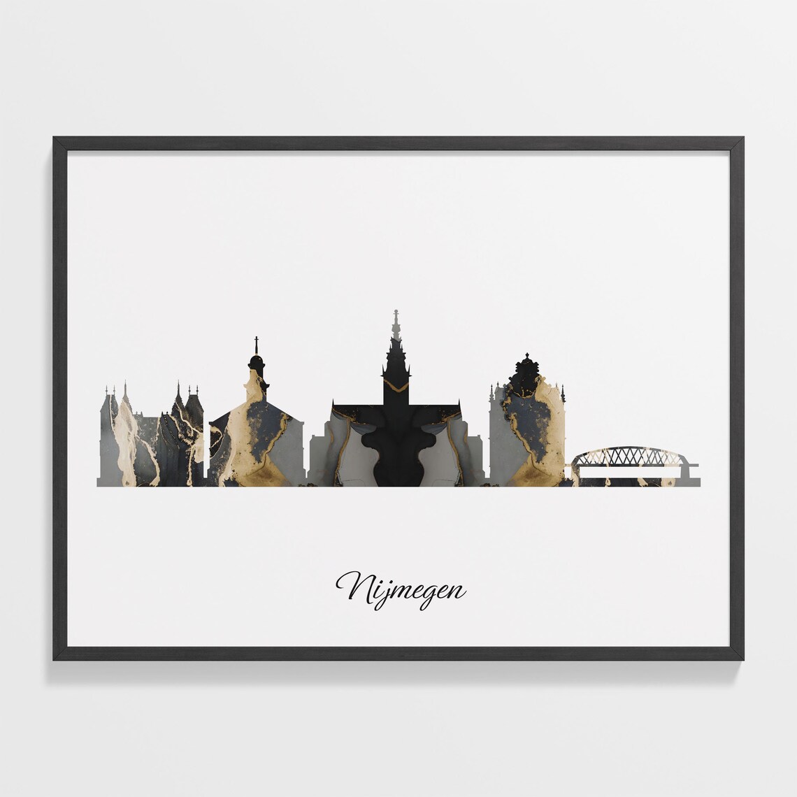 Nijmegen Netherlands Black Gold Marble Skyline Silhouette Cityscape Poster