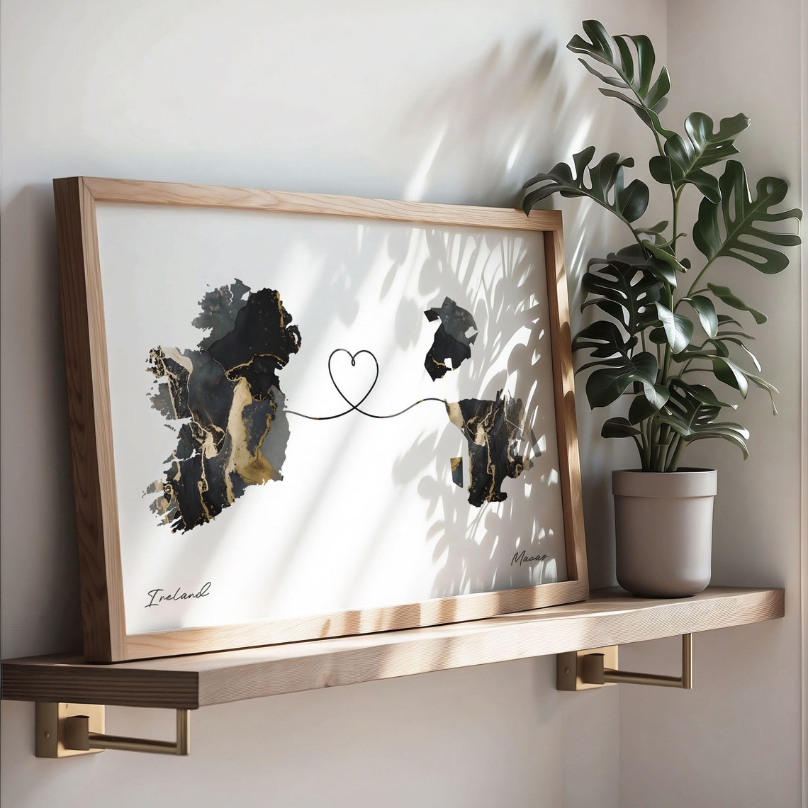 Ireland To Macao Elegant Black Marble Two Country Heart Map Poster - Image 3