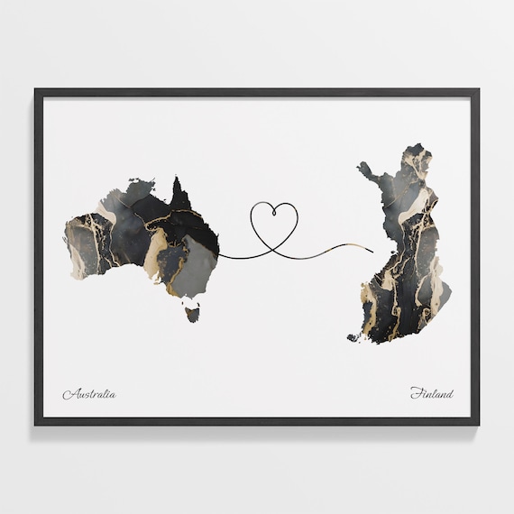 Australia To Finland Marble Heart Map Two Country Long Distance Gift Poster