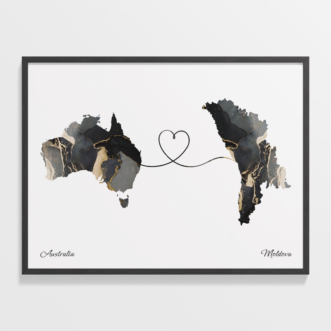 Australia Moldova Long Distance Love Black Marble Heart Map Poster