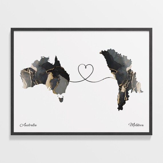 Australia Moldova Long Distance Love Black Marble Heart Map Poster