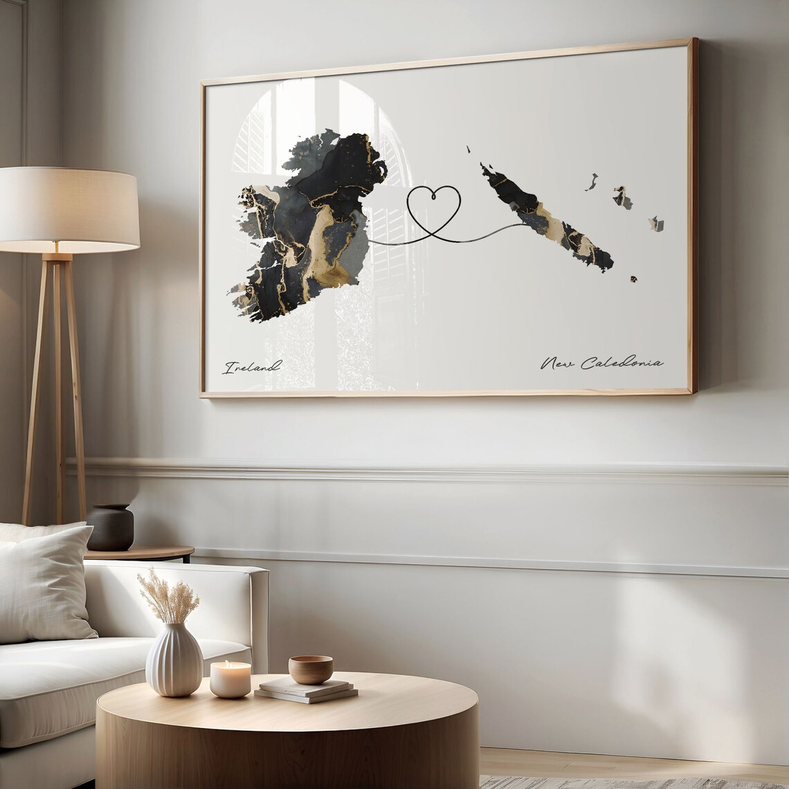 Ireland To New Caledonia Elegant Black Marble Two Country Heart Map Poster - Image 2