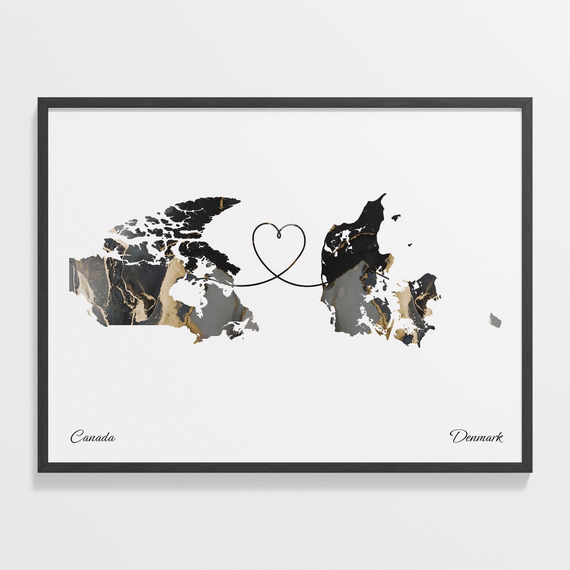 Canada to Denmark Black Gold Marble Heart Connection Map Poster