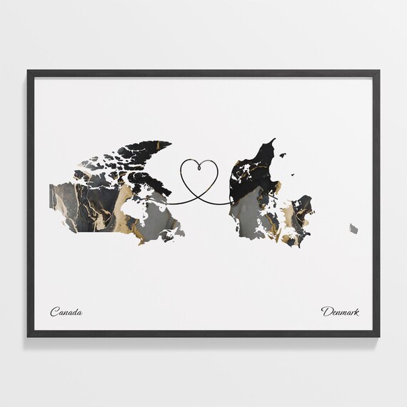 Canada to Denmark Black Gold Marble Heart Connection Map Poster
