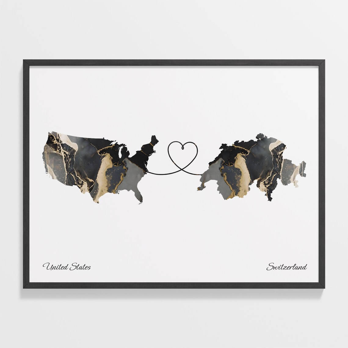 United States to Switzerland Heart Connected Long Distance Marble Map Poster