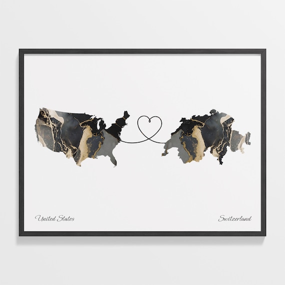 United States to Switzerland Heart Connected Long Distance Marble Map Poster