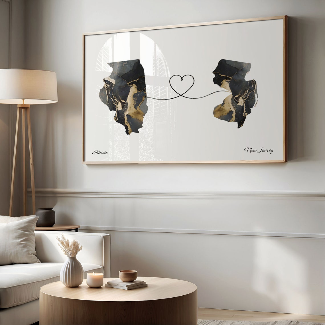 Illinois to New Jersey Long Distance Love Marble Map Art Poster - Image 2