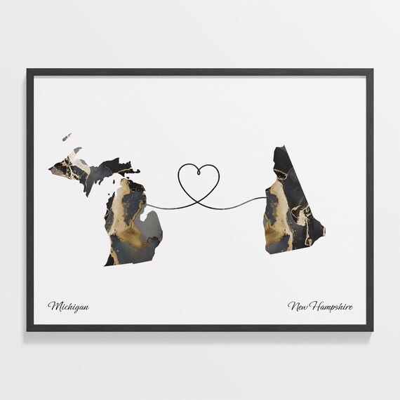 Michigan and New Hampshire Connected Marble Heart Map Gift Poster