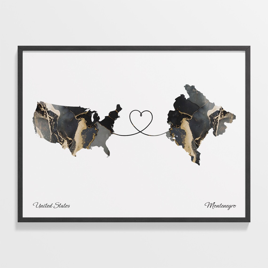USA to Montenegro Map Poster, Friendship Travel Art
